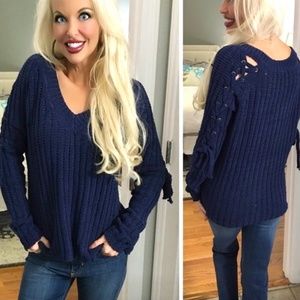 Blue Chenille Lace Up Sleeve Cold Shouldwr Sweater